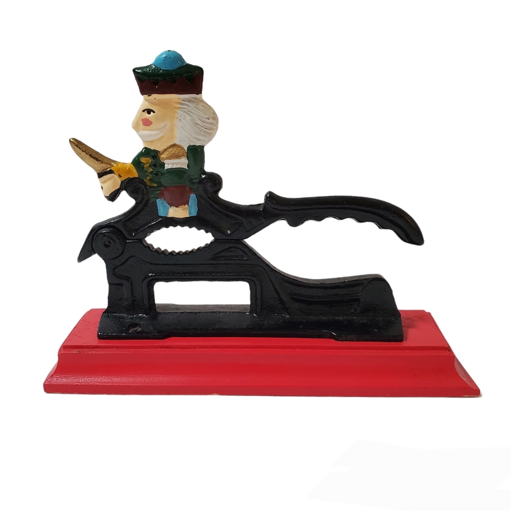 Vintage Cast Iron Nutcracker with Red Wood Base